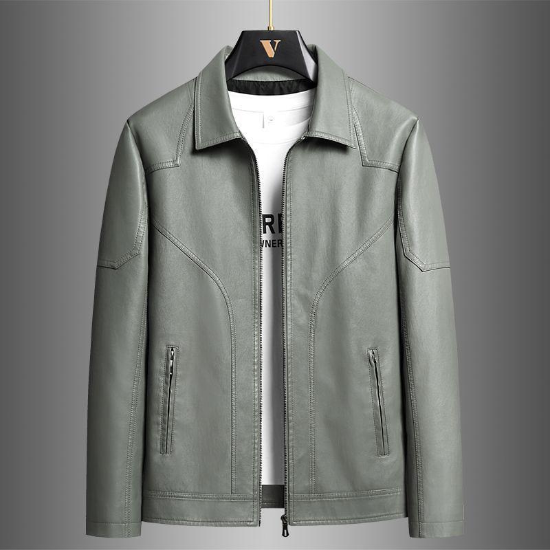 Men's Thickened Fleece-Lined Motorcycle Leather Jacket – Plus Size Lapel Design for Spring & Autumn