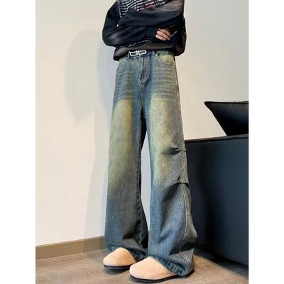 Herbst-Jeans mit geradem Bein für Herren, gewaschen, lässig, trendige Marke, High Street-Design, robuste und schöne bodenlange Retro-Plissee-Hose