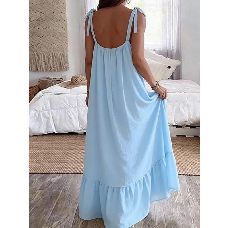 VEZFAA Women's Fashion Summer Spring Solid Color Print Sleeveless Suspenders Loose Waistlinet Casual Dresses
