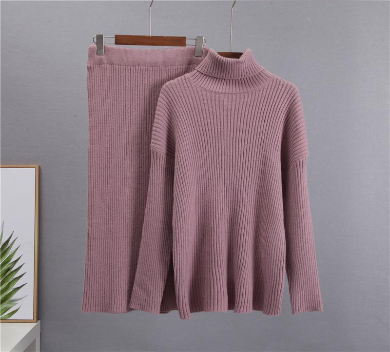 Ribbed Knit Sweater Skirt Set Women Turtleneck Loose Warm Pullover Two Piece Outfit