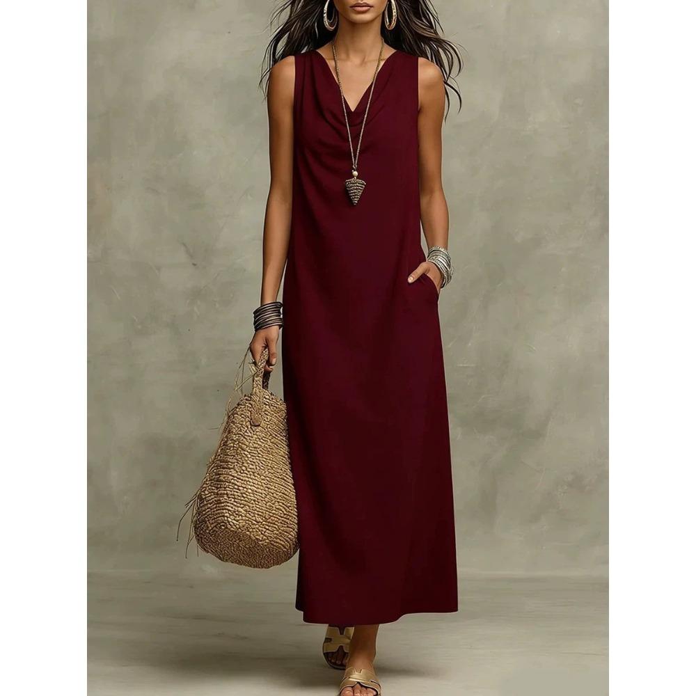 Women's Cowl Neck Sleeveless Loose Maxi Dress Casual Linen Cotton Summer Long Dress