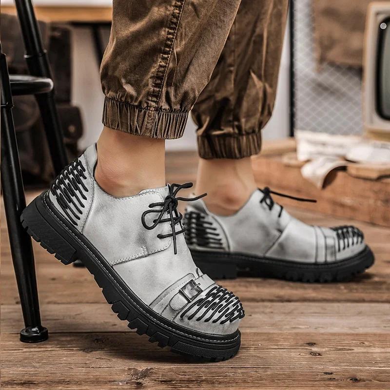 Zapatos Casuales de Cuero Originales Europeos de Moda para Hombre Moda Suela Gruesa Zapatos Derby para Viajar Cuero Genuino Zapatos Oxford para Exteriores