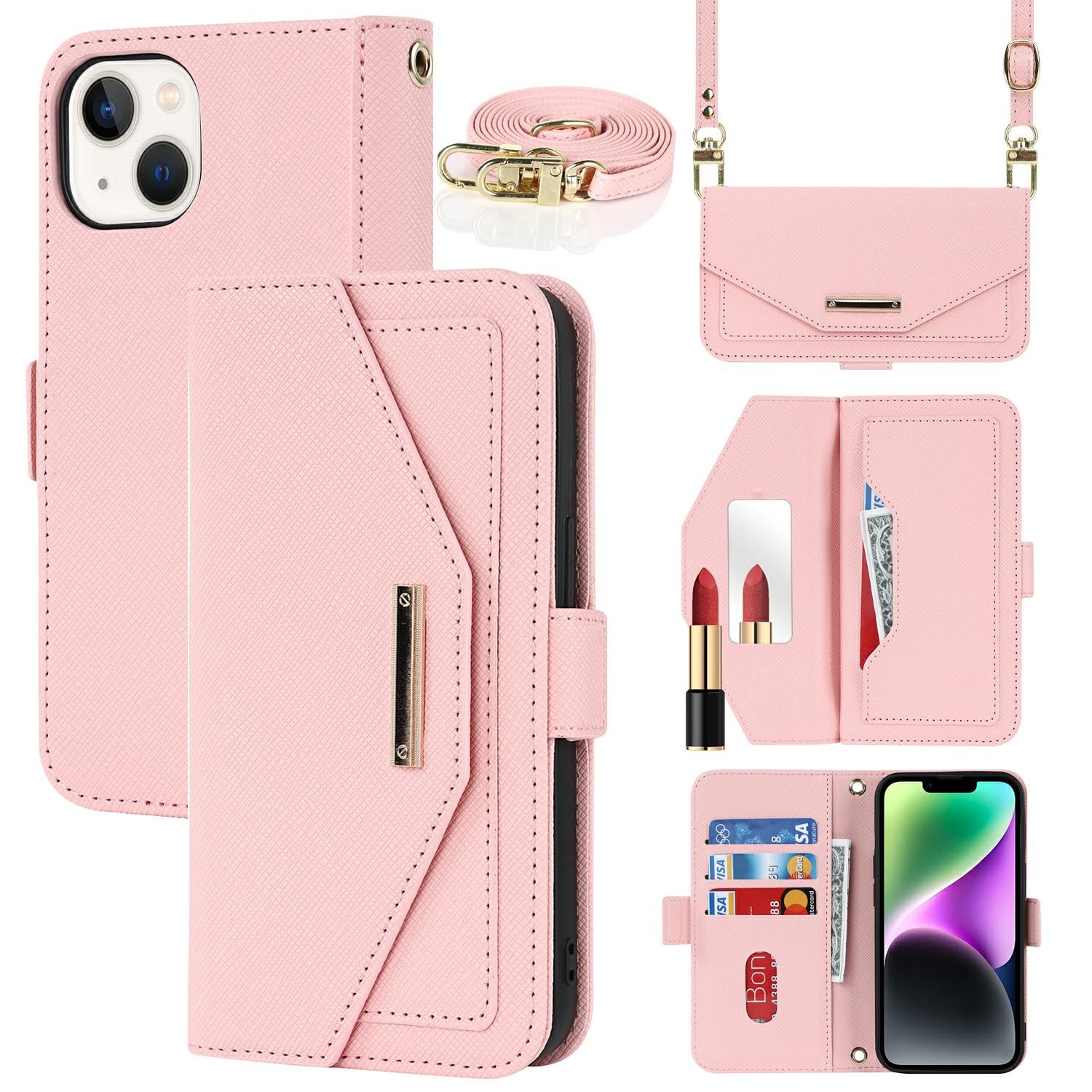 

For iPhone 15 Stand Case Cross Texture PU Leather Wallet Phone Cover with Shoulder Strap/Makeup Mirror Pink