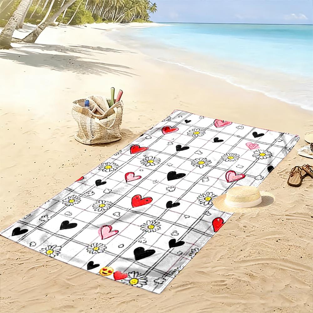 Heart and Daisy Pattern Beach Towel Beach towel quick-drying for travel outdoor sports jogging beach and swimming