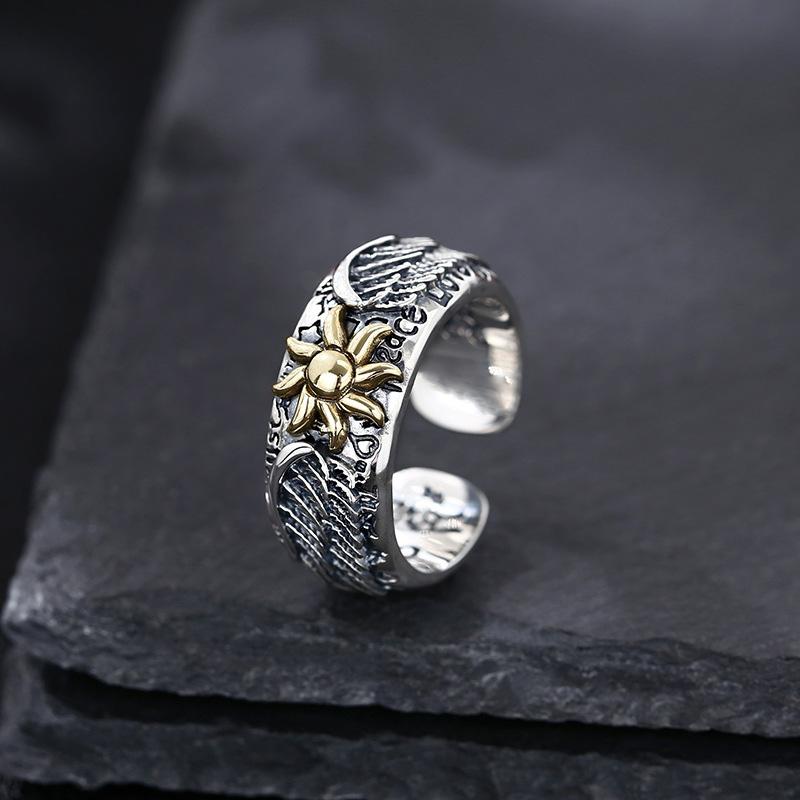 Bague Graffiti Ailes de Soleil Rétro Pour Homme Alliage de Zinc Couleur Punk Gothique Bague Réglable Fait Main Rock Unisexe Accessoires Zircon Cadeau Homme