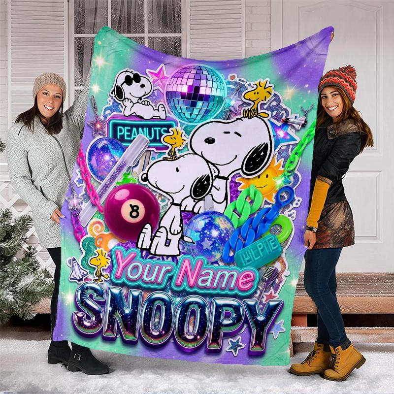 Custom Name Snoopy Flannel Fleece Blanket Cozy Warm Throw Blanket For Couch Bed Travel All Season Use
