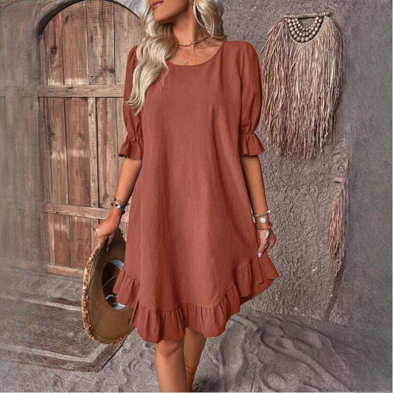 

GMXIA Женские винтажные платья весна/лето из хлопка и льна со средними рукавами и круглым вырезом, однотонные, со свободным подолом XXXL коричневый