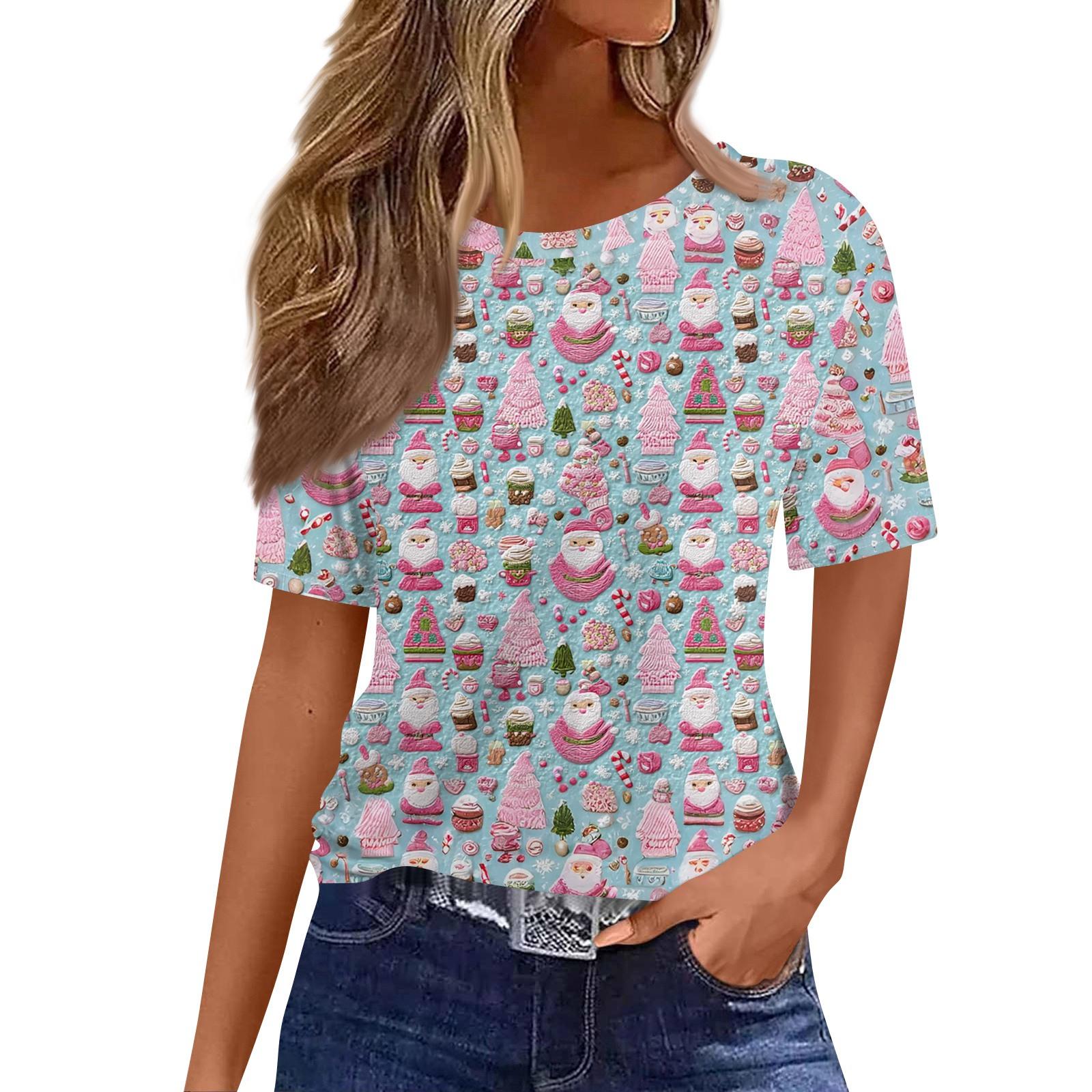 

Женский модный повседневный пуловер с коротким рукавом и рождественским принтом, с круглым вырезом M