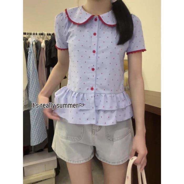 

2025 Синяя футболка-бэбидолл в горошек с короткими рукавами, женская, приталенная, с пуговицами Medium синий