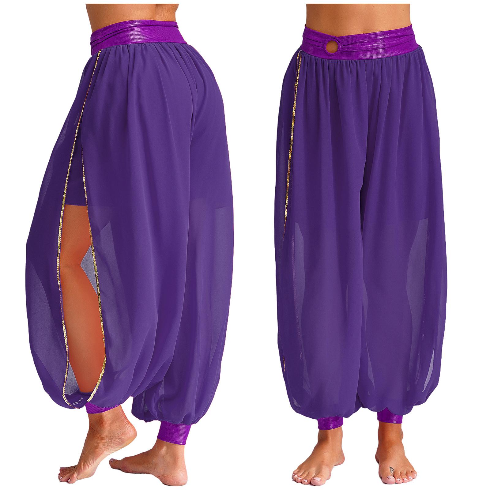 

Жіночий танець живота, панталони з шифоновими штанами, рюшами та поясом, бічним розривом, карнавальний костюм One Size фіолетовий