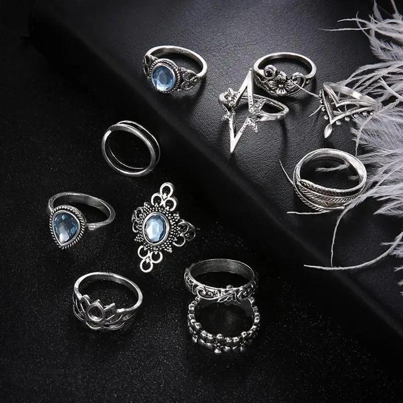 11Pc/Set Retro Sapphire Flowers Finger Ring Set Boho Crown Star Carved Joint Knuckle Rings Women J Engagement Rings For Women