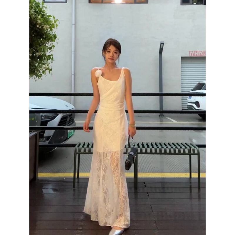 French Style White Sling Dress Women Summer High-Grade Pure Desire Socialite Temperament Slim Fit Slimming Tight Sheath Long Dress