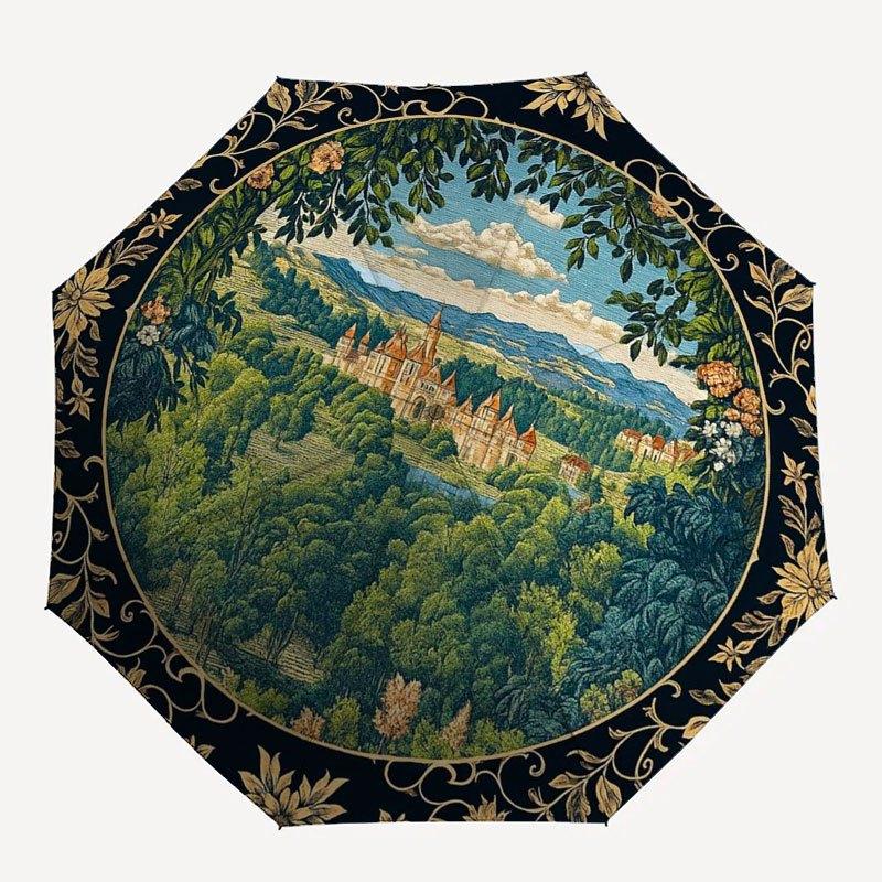 Renaissance Castle Scene Decorative PlateUmbrella with Cute Design,Portable 3-Fold Compact Umbrella for Men&Women,Valentine's Day Mother's D