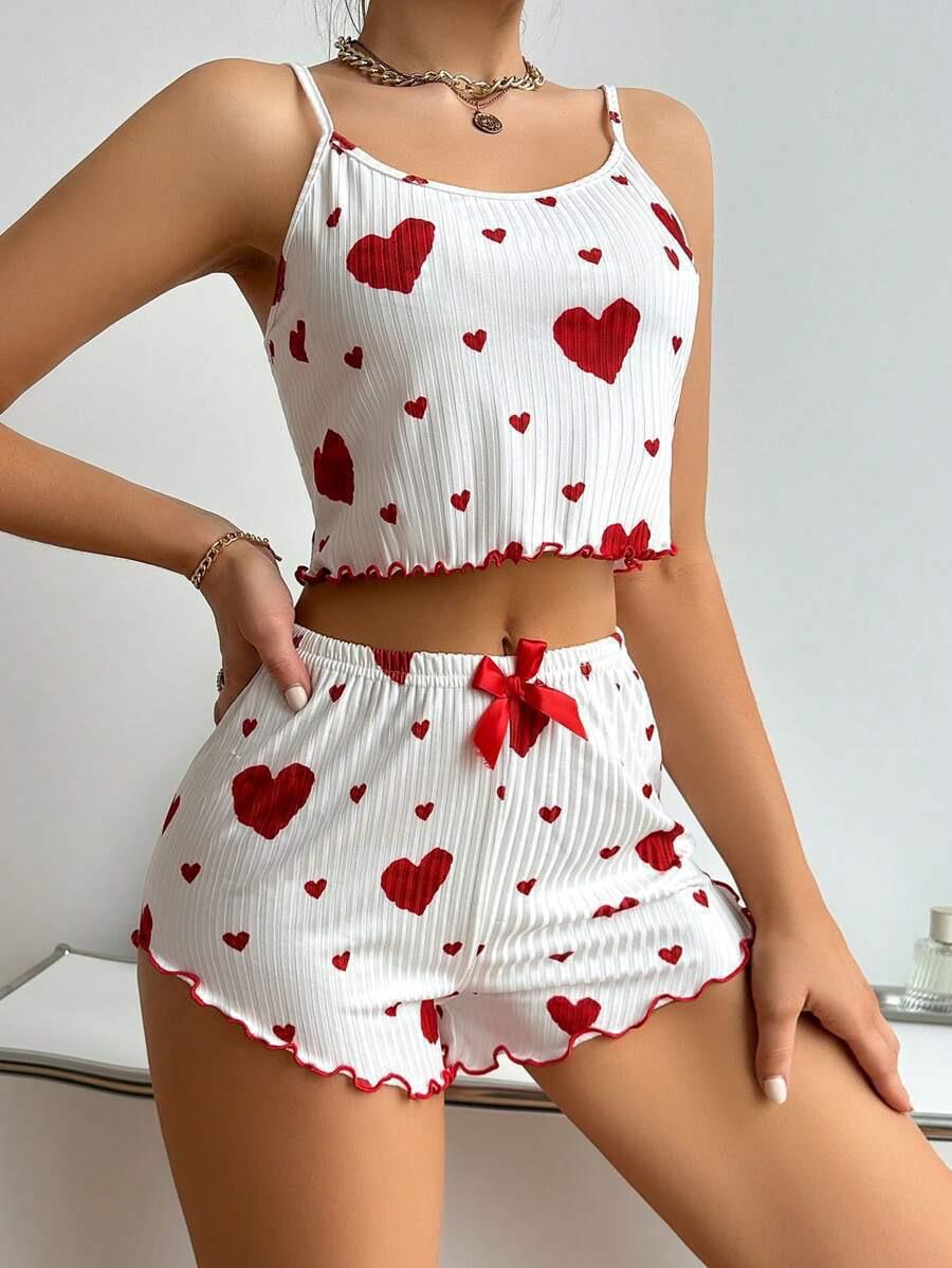 

Heart Print Ribbed Knit Camisole and Shorts - Women s Casual Homewear M