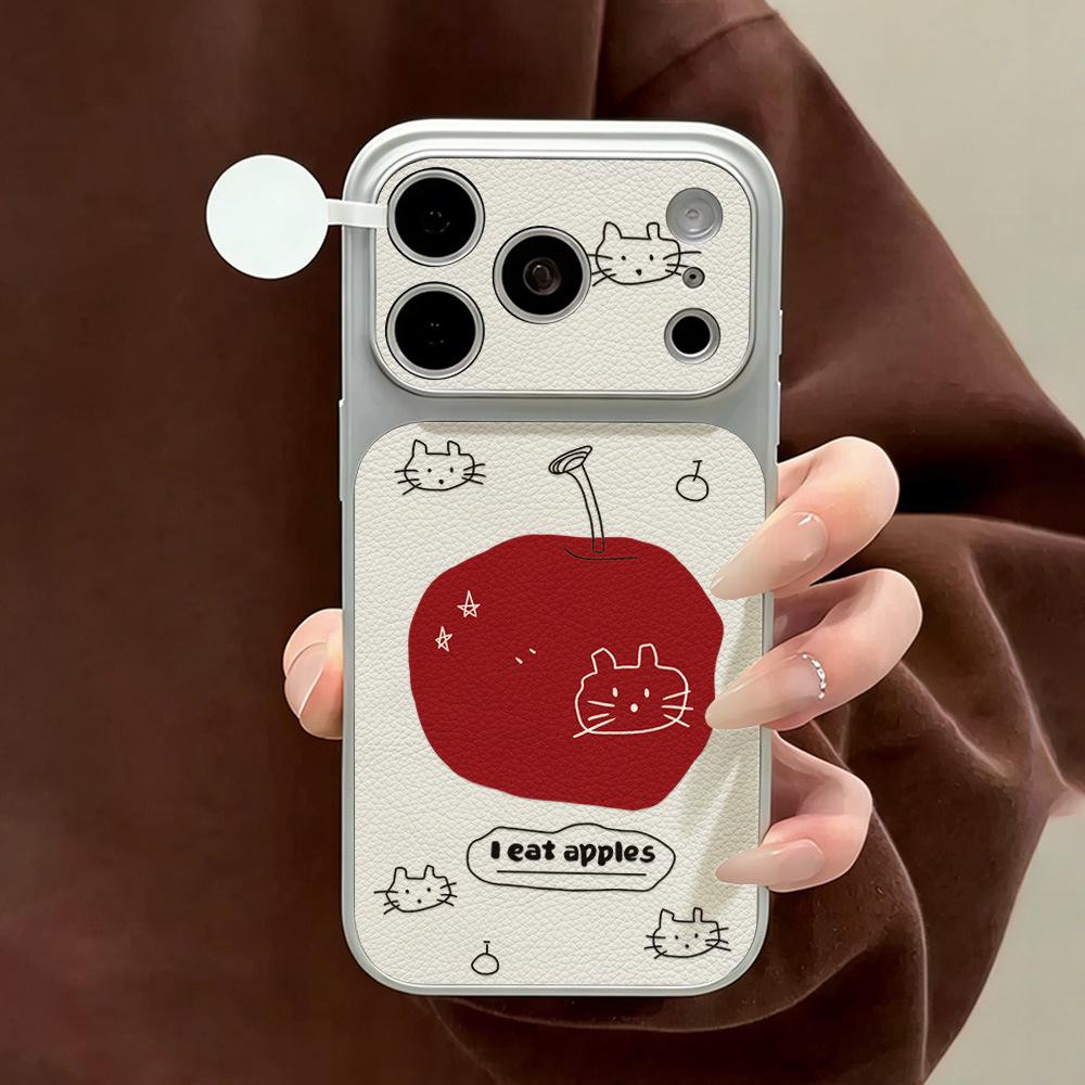 Ins Apple Cat Is Suitable for Apple 17 Mobile Phone Case iPhone15promax All-inclusive 16Pro Leather Pattern 14 Simple