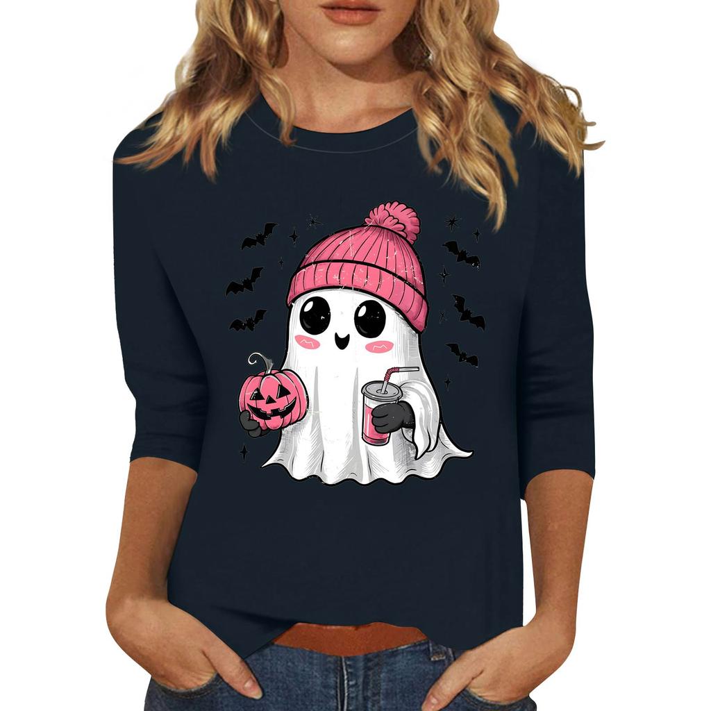 Women's Fashion Casual Three-Quarter Sleeve Halloween Print Round Neck T-Shirt Top