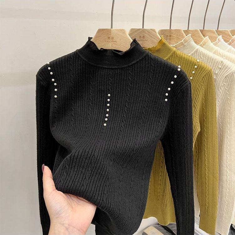 Lace High-neck Sweater Women's Autumn and Winter Twisted Pearl Slimming Pullover Top Sweater Knitted Sweater Long Sleeve