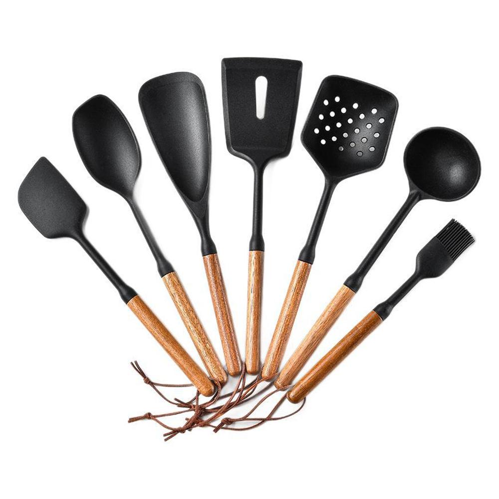 2025 New Silicone Kitchenware Non-Stick Cookware Kitchen Utensils Set Spatula Shovel Egg Beaters Wooden Handle Cooking Tool Set
