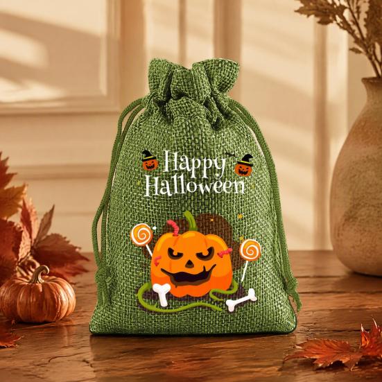 Handmade Style Party Bags 2Pcs Halloween Pumpkin Drawstring for Candy Treats, Retro Burlap Festival Totes Trick or Treat Bags, Portable Goodie
