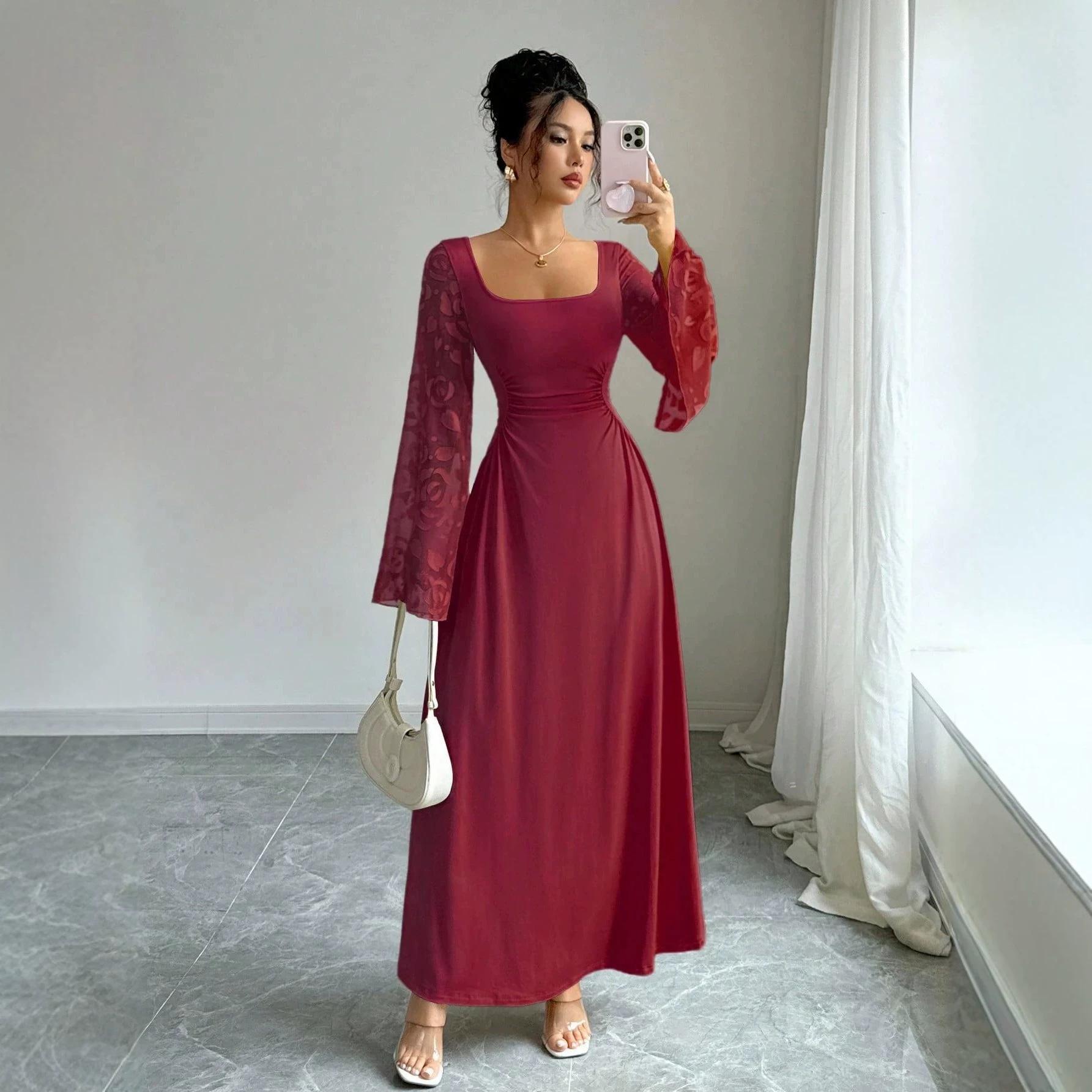 

women s Square Neck Long Sleeve Maxi Dress Floral Mesh Flare Sleeve A-Line Party Gown XL червоний