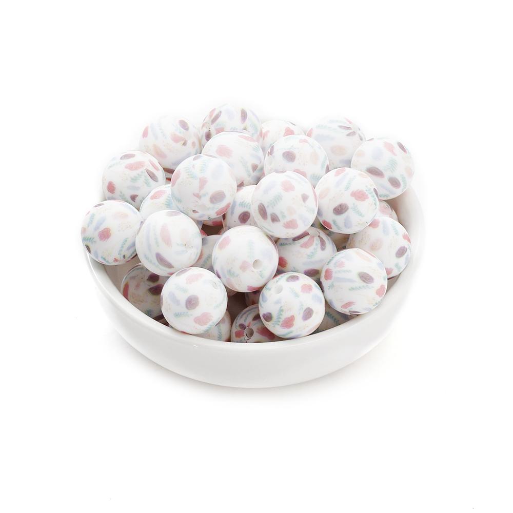 10Pcs 15mm New Silicone Beads Round Print Colorful Spacer Beads Food Grade Baby Nursing Necklace Pacifier Chain Teether Toys