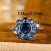 Simple and stylish white K Round sapphire blue diamond flower design ring Vintage versatile elegant index finger ring
