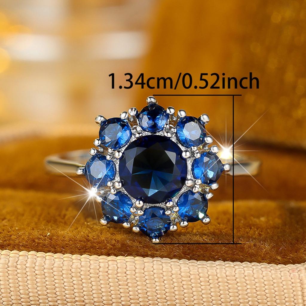 Simple and stylish white K Round sapphire blue diamond flower design ring Vintage versatile elegant index finger ring