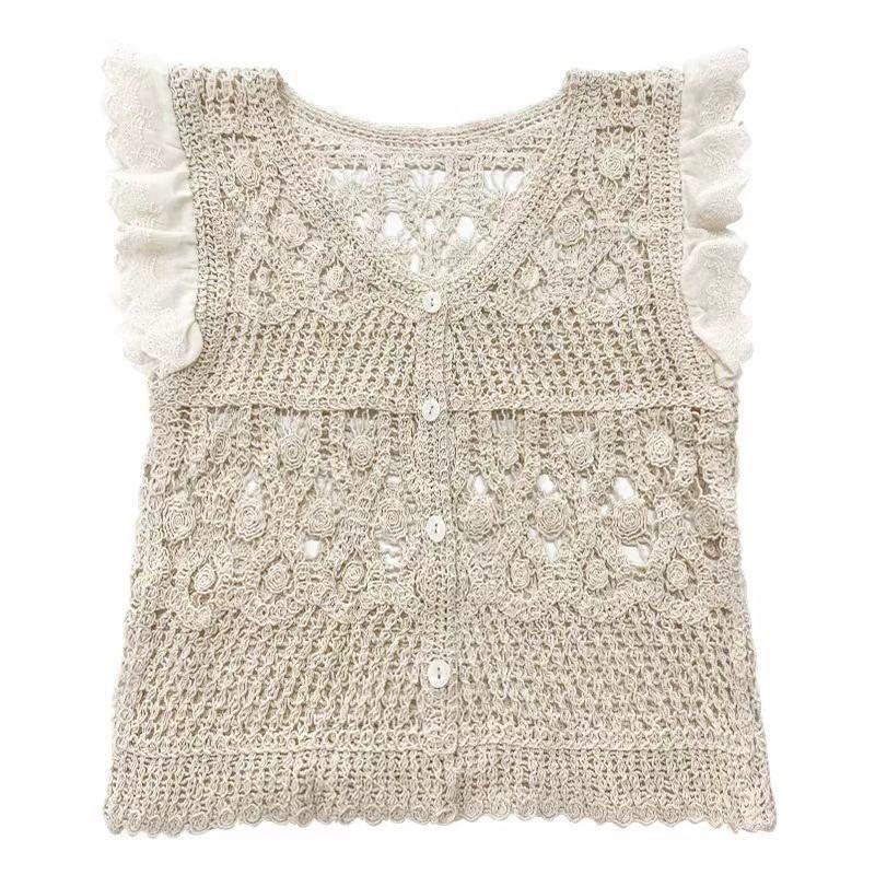 Women's White Short Crochet Knit Cardigan with Batwing Sleeves - Summer 2026 Fashion.