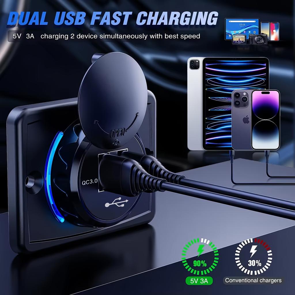 Professional Dual QC3.0 Fast Charger Panel Mount Socket 12-24V - Quick Charge 3.0 for Cars, Trucks & Marine with LED Indicator