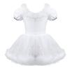 Kids Girls Figure Ice Skating Dress Short Sleeve Feather Trim Mesh Splice Roller Skating Dance Dress Tutu Skirted