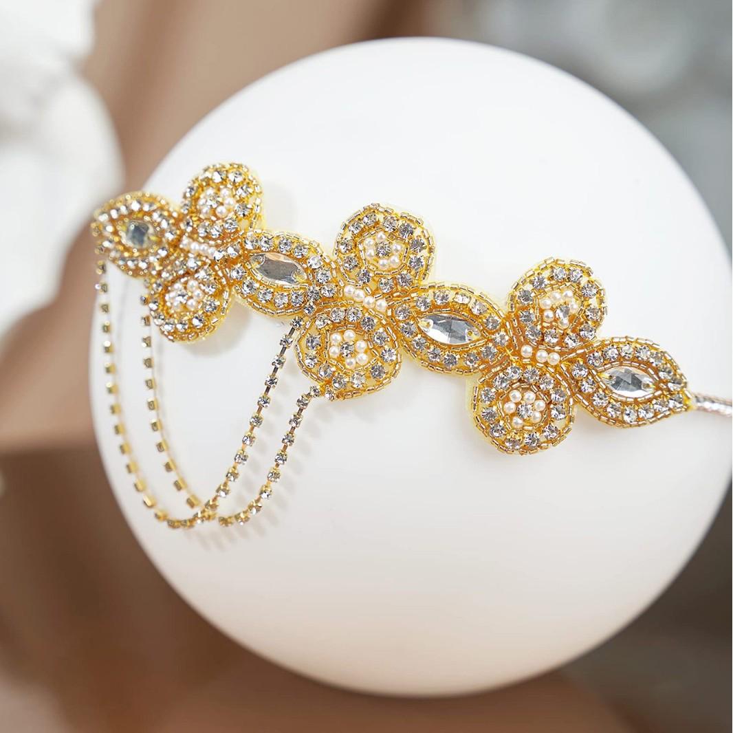 1920s Rhinestone Headband: Handmade Crystal Beaded Elastic Hair Accessory for Bridal Updos золотой