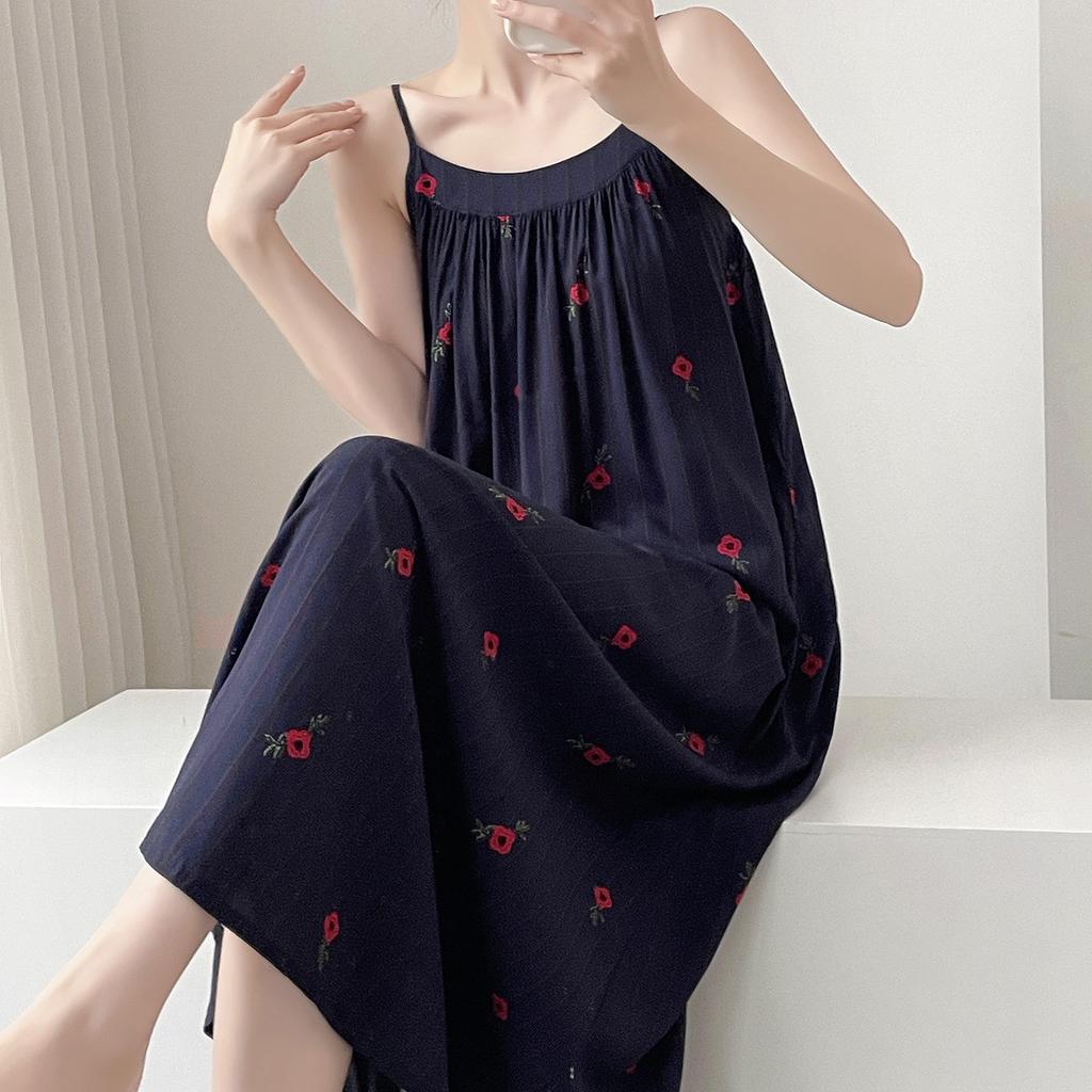 Summer cotton and silk suspender nightgown women's sleeveless chest pad can be worn outside loungewear anti-bumping artificial cotton dress