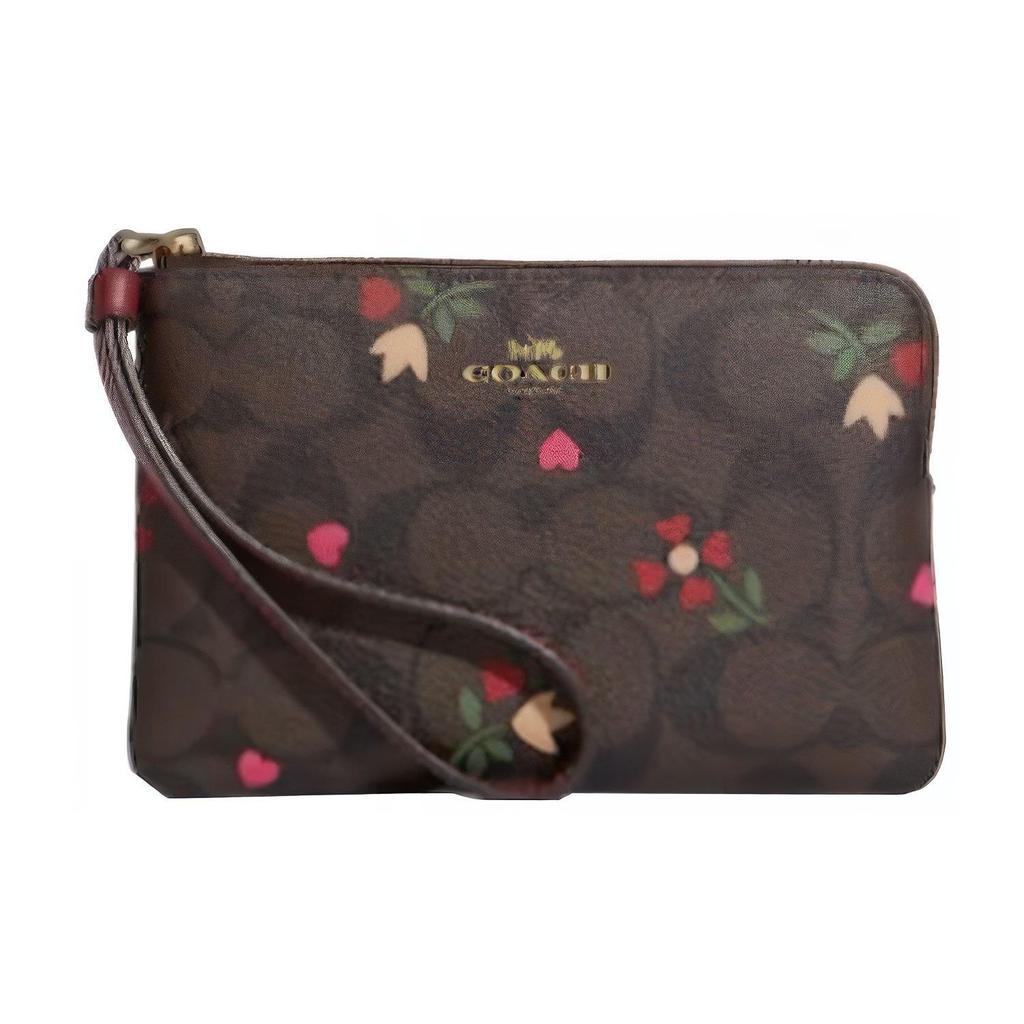 Coach Corner Zip 16 Monogram Heart Floral Print Zip Coated Canvas With Leather Clutch Small Women Clutch Brown Burgundy C7654-IMBMC