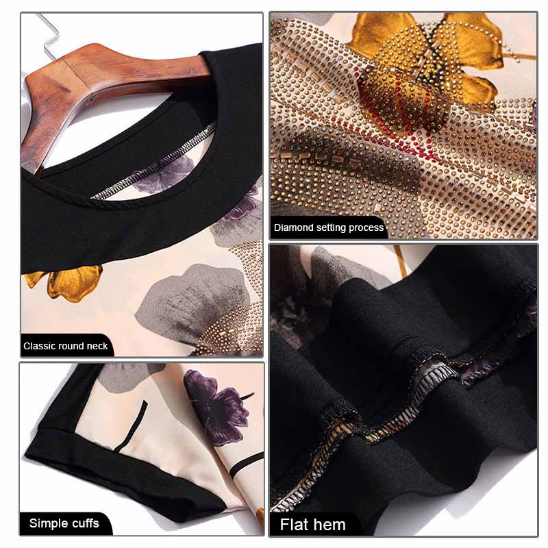 WTEMPO Tričko s květinovým potiskem s drahokamovým výstřihem, ležérní letní trička s volným krátkým rukávem, dámské oblečení