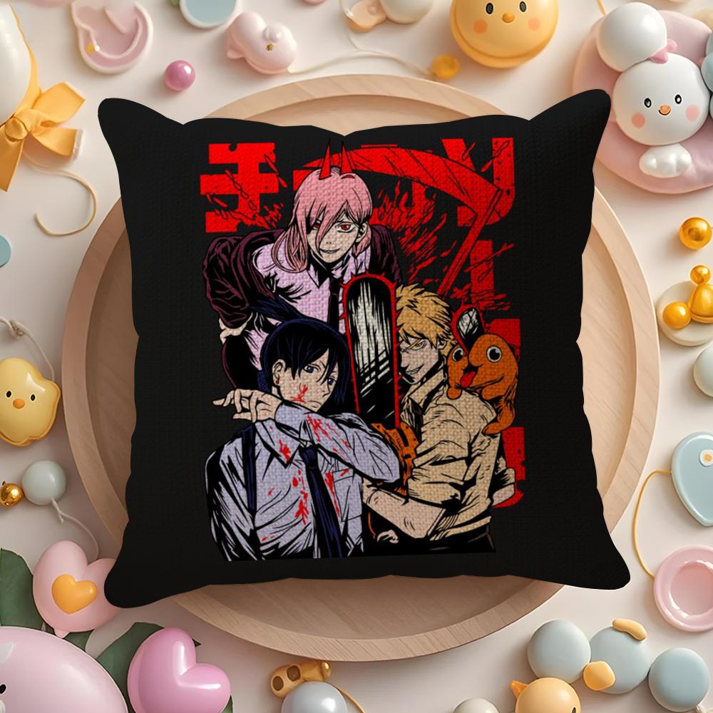 Cute C-Chainsaw Man Anime Cushion Cover Summer Coolness Linen Fabric Double-Sided Printing Pillow Case Sofa Home Decor Gift