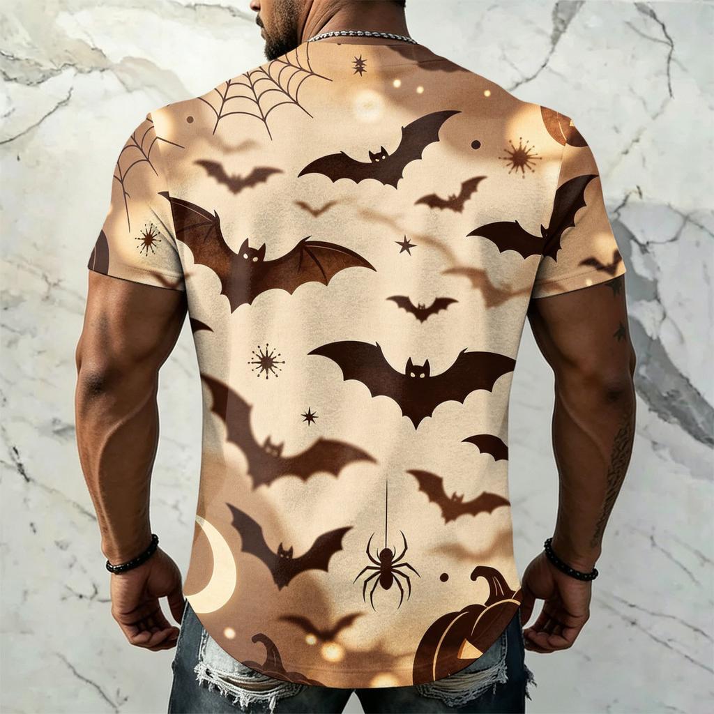 Men's Halloween Vintage Short Sleeve T Shirt Loose Breathable Summer Sports Streetwear Casual Everyday Top with Bat and Spider Web Print