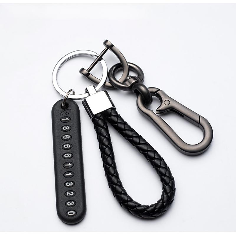 Trendy DIY Mobile Phone Number Plate Keychain - Punk Style Woven Leather Rope, Anti-lost Car Key Accessory for Men
