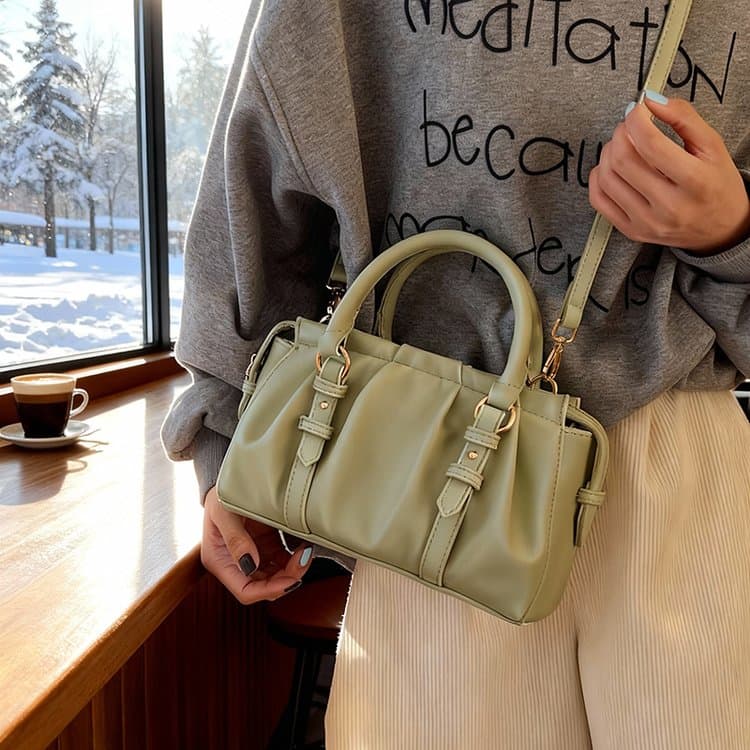 Folded Boston Bag Women's Soft Leather Handheld Shoulder Bag