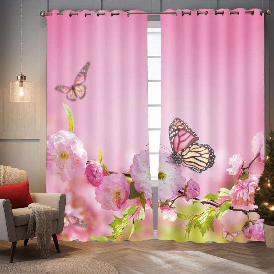 2 pieces of butterfly flower pattern printed curtains for natural scenery decoration, bedroom, living room