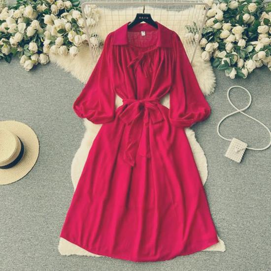 Francouzské šik Maxi šaty pro ženy Sklopný límec Lucerna Rukáv Šněrovací Dámské letní šaty Dámské Vestidos Dropship