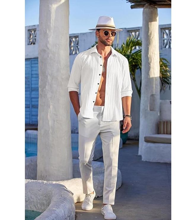 Men's Casual Button Down Shirts Long Sleeve Linen Shirt Fashion Textured Beach Summer Shirt