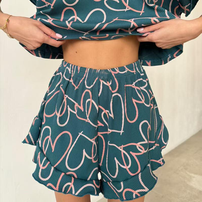 Pigiama Estivo Stampato da Donna - Manica a Volant, Girocollo, Pantaloncini, Traspirante e Fresco.