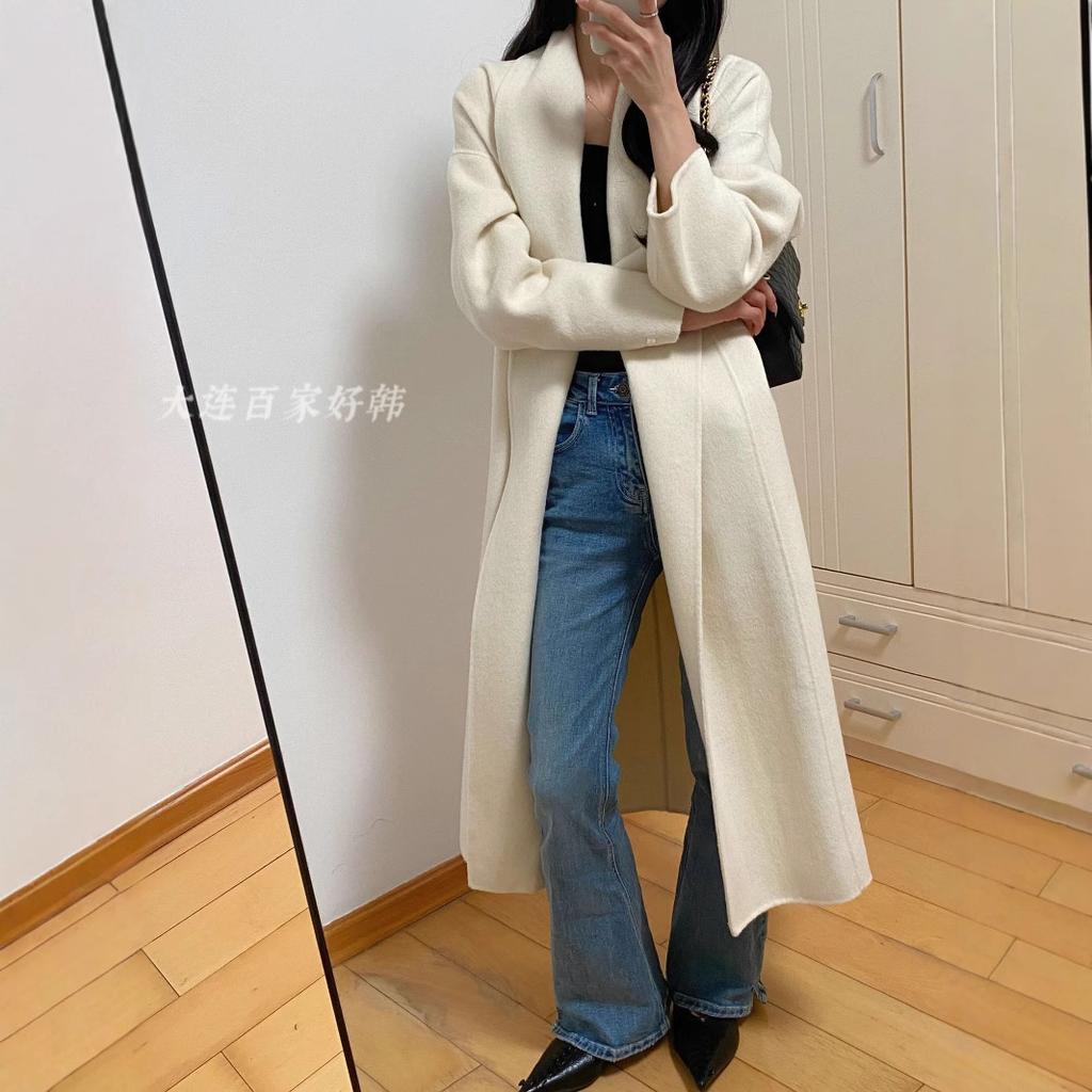 Temperament bathrobe long double-sided wool coat autumn and winter simple red, white and black belt women's loose