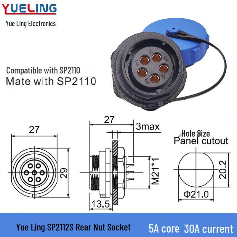 Weipu SP21 IP68 Waterproof 3-Core Aviation Plug with Rear Nut, 9-Pin Solder Connection.