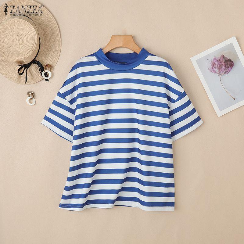 ZANZEA Damen Lässig Stehkragen Locker Halber Ärmel Streifen T-Shirt
