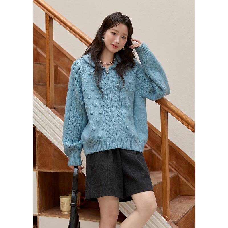

Women s Retro Cable Knit Zip Sweater with Detachable Hood M
