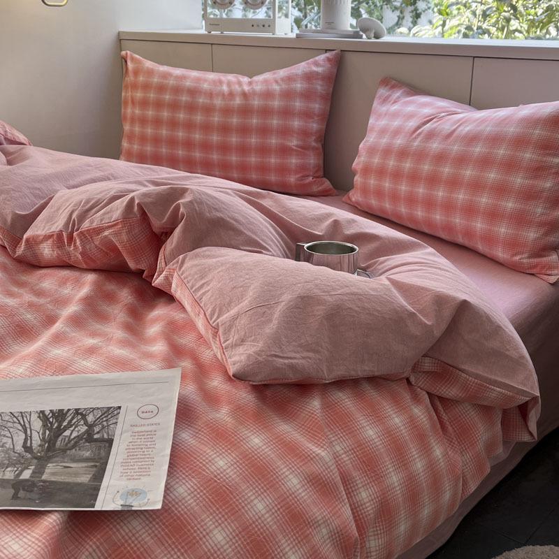 New Pure Cotton and Linen Double Yarn Four-piece Set Striped Print Single and Double Bed Sheets Bedding