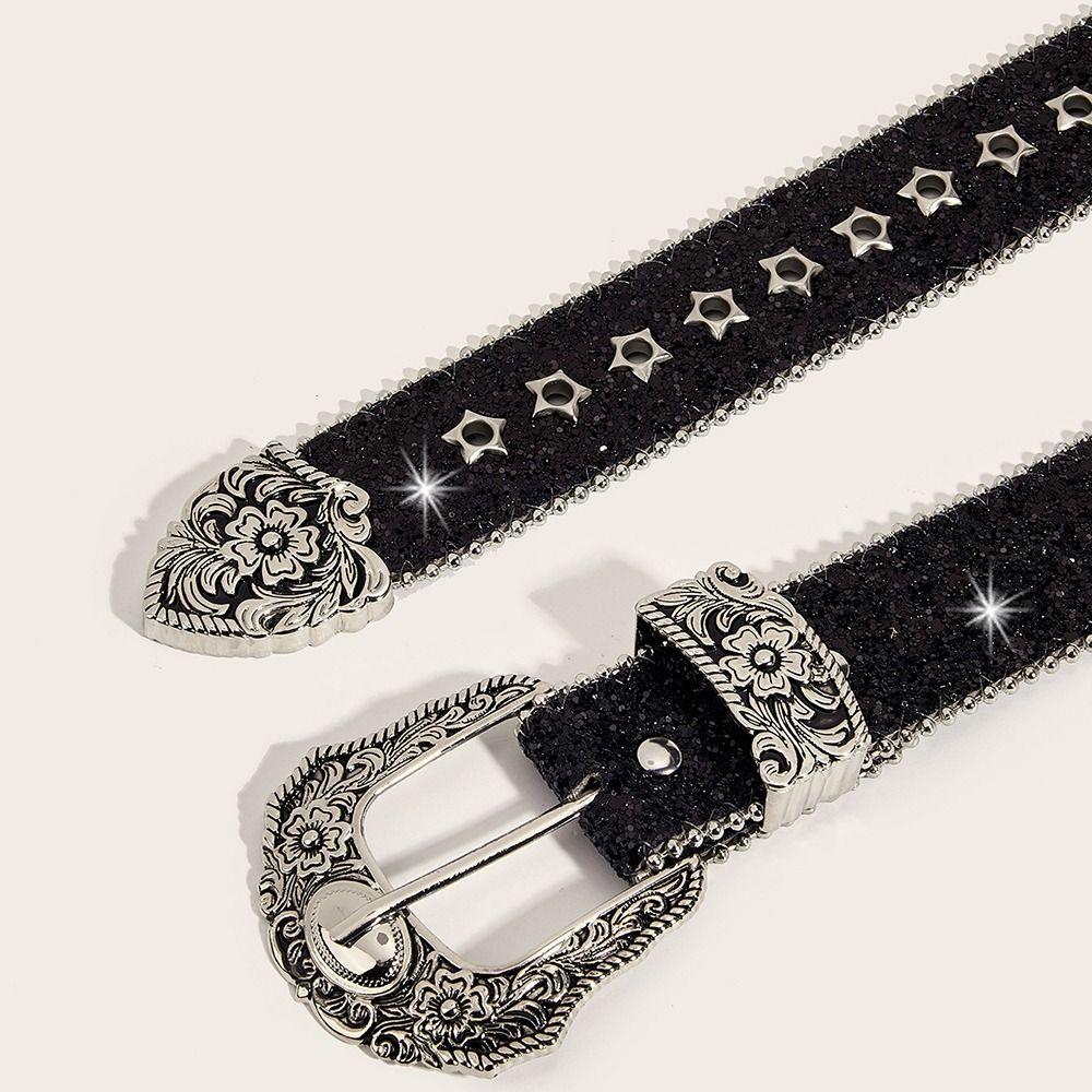 Metal Engraved Buckle Western Cowboy Belt PU Leather Buckle Belt Fashion Waistband for Men Women