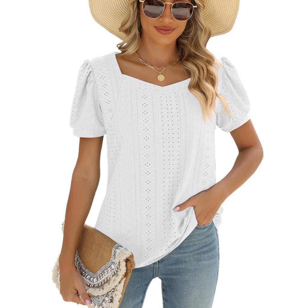 Spring Summer New Women's Solid Color Square Neck Puff Short Sleeve T-shirt Loose Casual Top For European American Cross-border