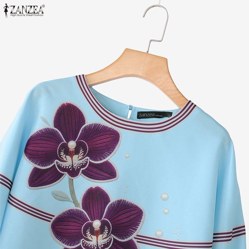 ZANZEA Women Casual Round Neck Floral Print Loose 3/4 Sleeve Blouse